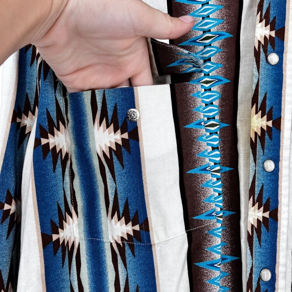Vtg Panhandle Slim Western Pearl Snap Shirt Mens M Tan Brown Blue Aztec Print - Picture 5 of 12